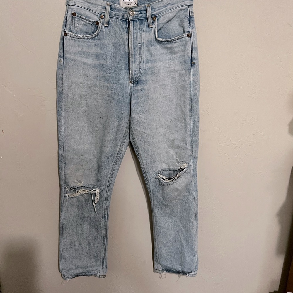 Agolde Riley Revolve High Rise Button Fly Straight Distressed Crop Denim Jeans - Picture 5 of 16